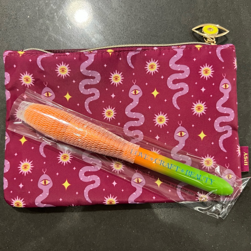 Ipsy Purple Cosmetic Bag with Orange and Green Brush